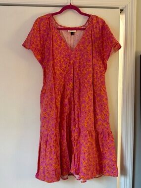 Pink and Orange Linen Blend V-Neck Dress